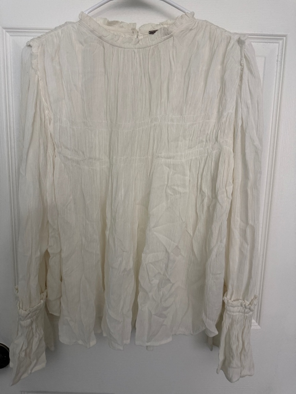 Free People Cream Ruffle-Neck Long Sleeve Blouse